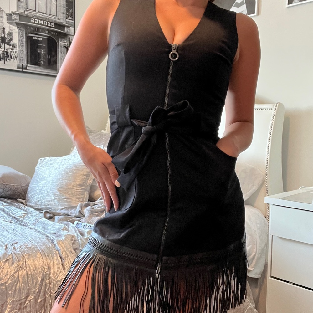 Alexis Black fringe  Mini Dress V-Neck Sleeveless